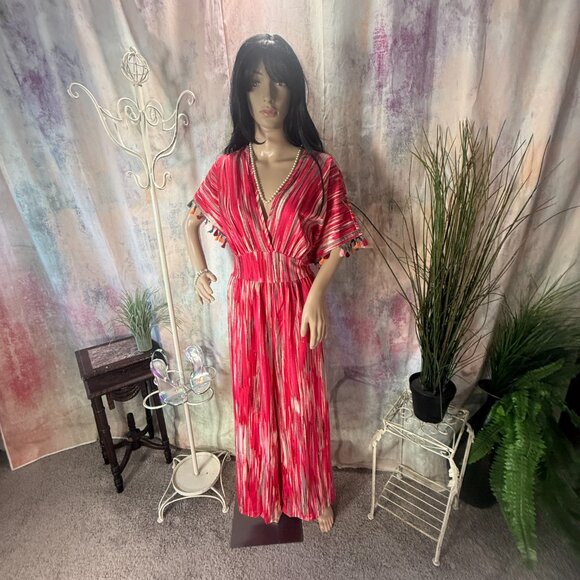 NWOT๐ Breezaya Tasseled Cuff Elastic Waistline Straight Wide Leg Jumpsuit - Picture 9 of 16